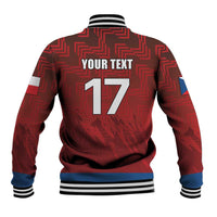 Red baseball jacket back with 'YOUR TEXT' and number 17, striped collar, blue waistband