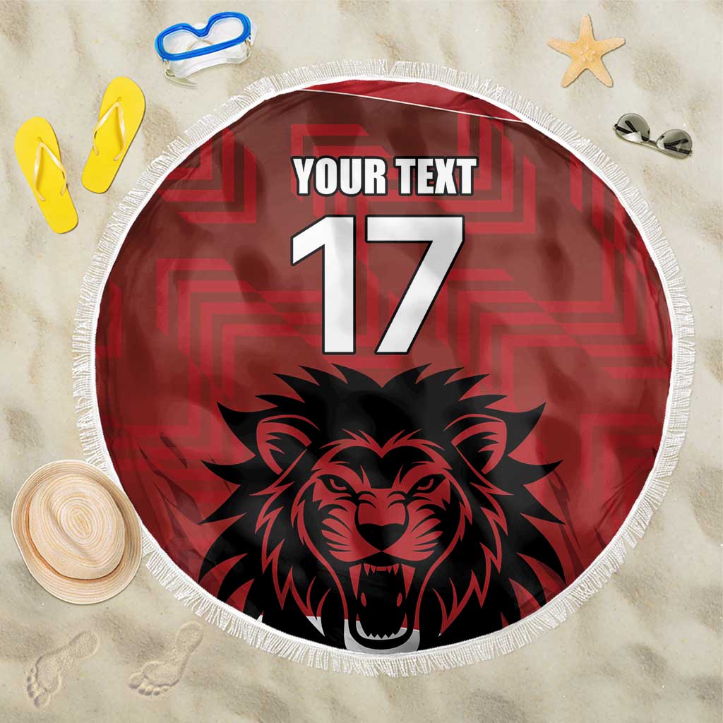 Red round football beach blanket with fringe, bold lion graphic, number 17 and YOUR TEXT