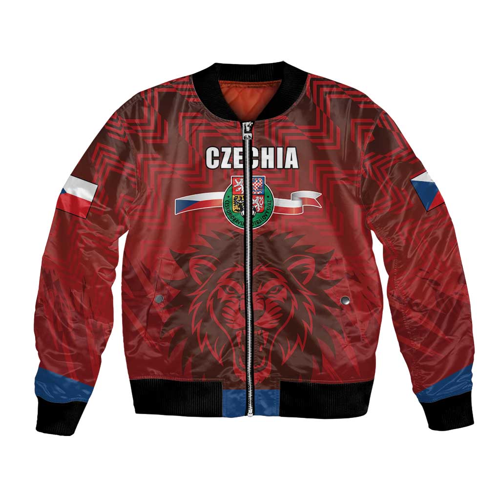 Red zip-front bomber jacket with Czechia crest, lion graphic, blue sleeve accents