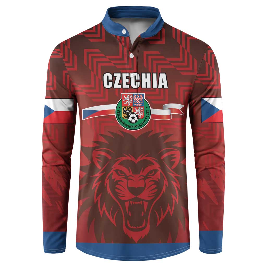 Red football button sweatshirt with Czechia text, lion graphic, and blue trim