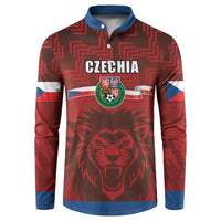 Red football button sweatshirt with Czechia text, lion graphic, and blue trim