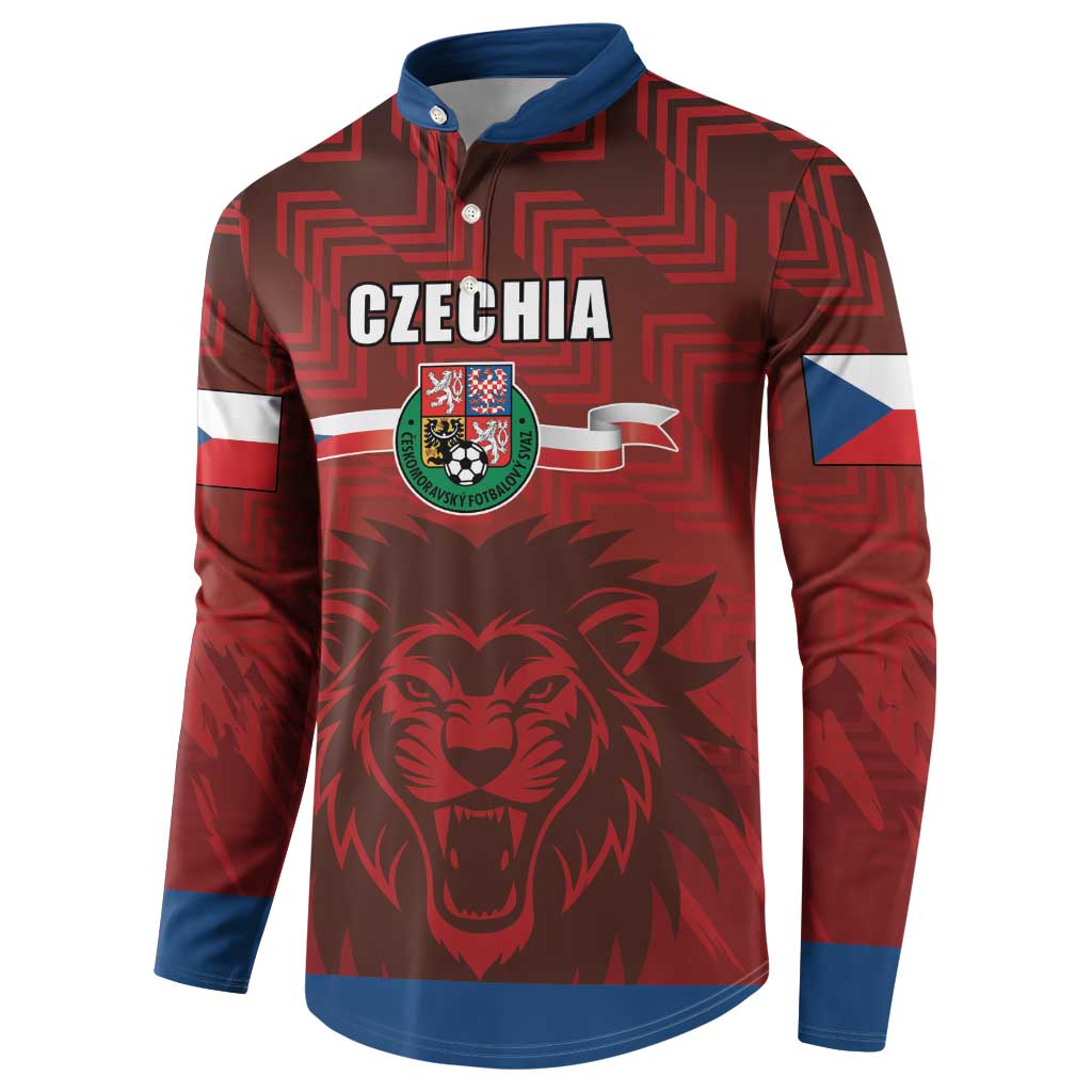 Red football button sweatshirt with Czechia crest, lion graphic, and blue side stripes