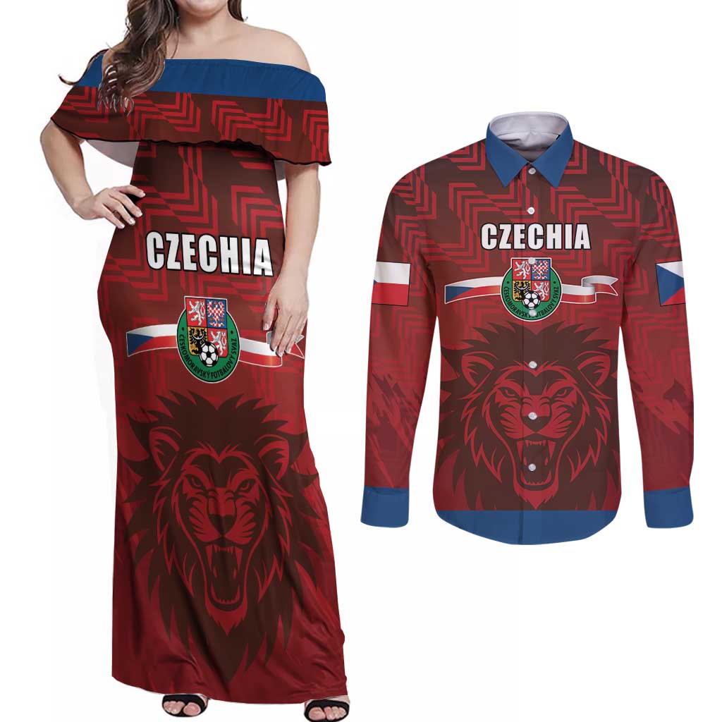 Czech Republic Football Custom Couples Matching Off Shoulder Maxi Dress and Long Sleeve Button Shirt Sporty Style