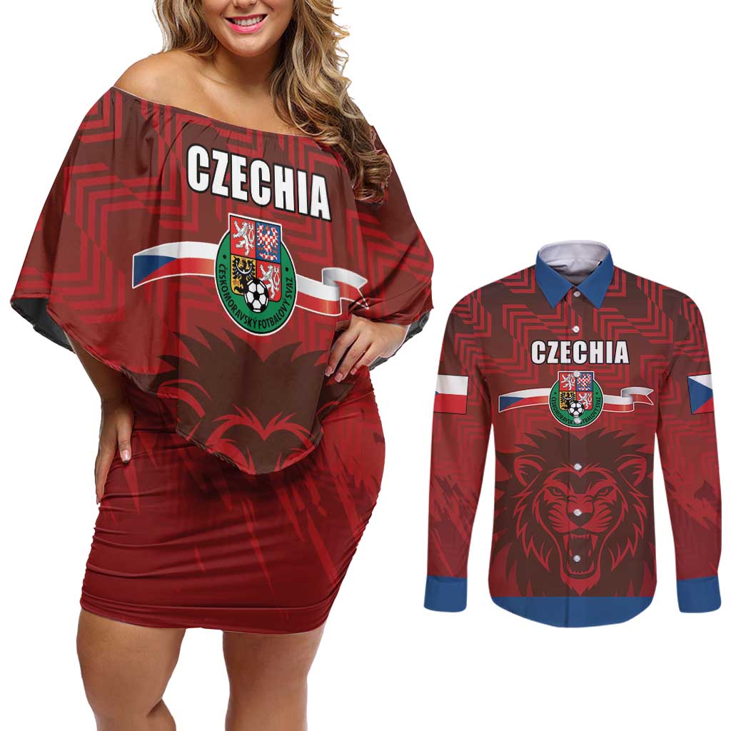 Czech Republic Football Custom Couples Matching Off Shoulder Short Dress and Long Sleeve Button Shirt Sporty Style