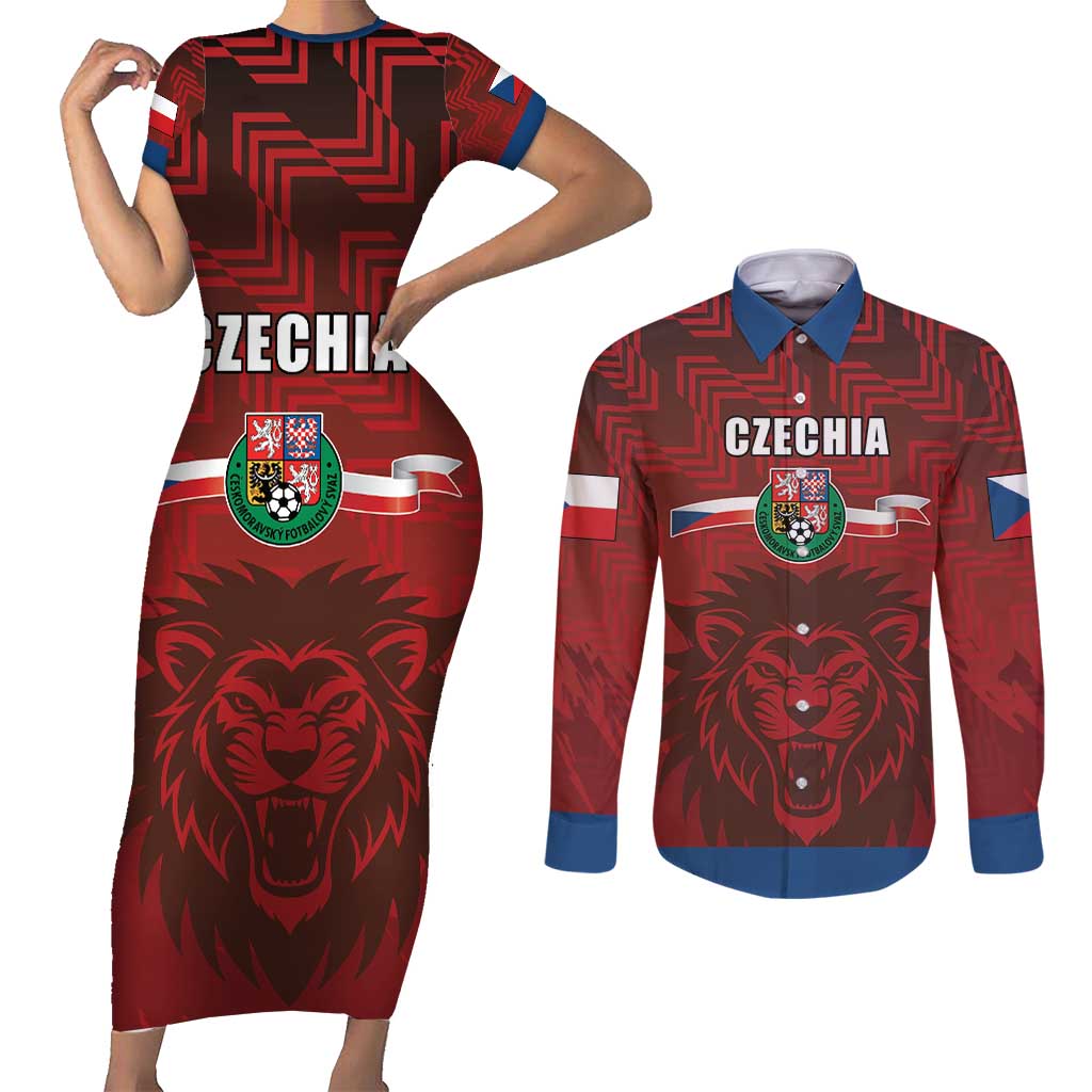 Czech Republic Football Custom Couples Matching Short Sleeve Bodycon Dress and Long Sleeve Button Shirt Sporty Style