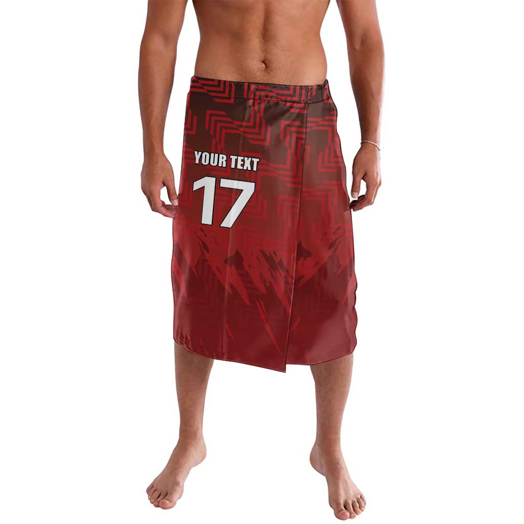 Red sporty lavalava with geometric pattern, number 17 and 'YOUR TEXT' print