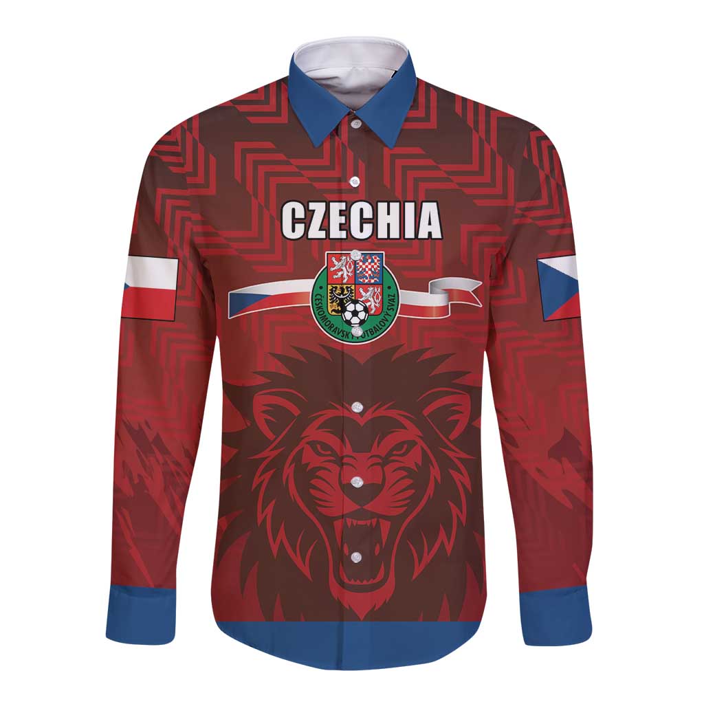 Red long-sleeve football button shirt with blue collar, Czechia crest, lion graphic
