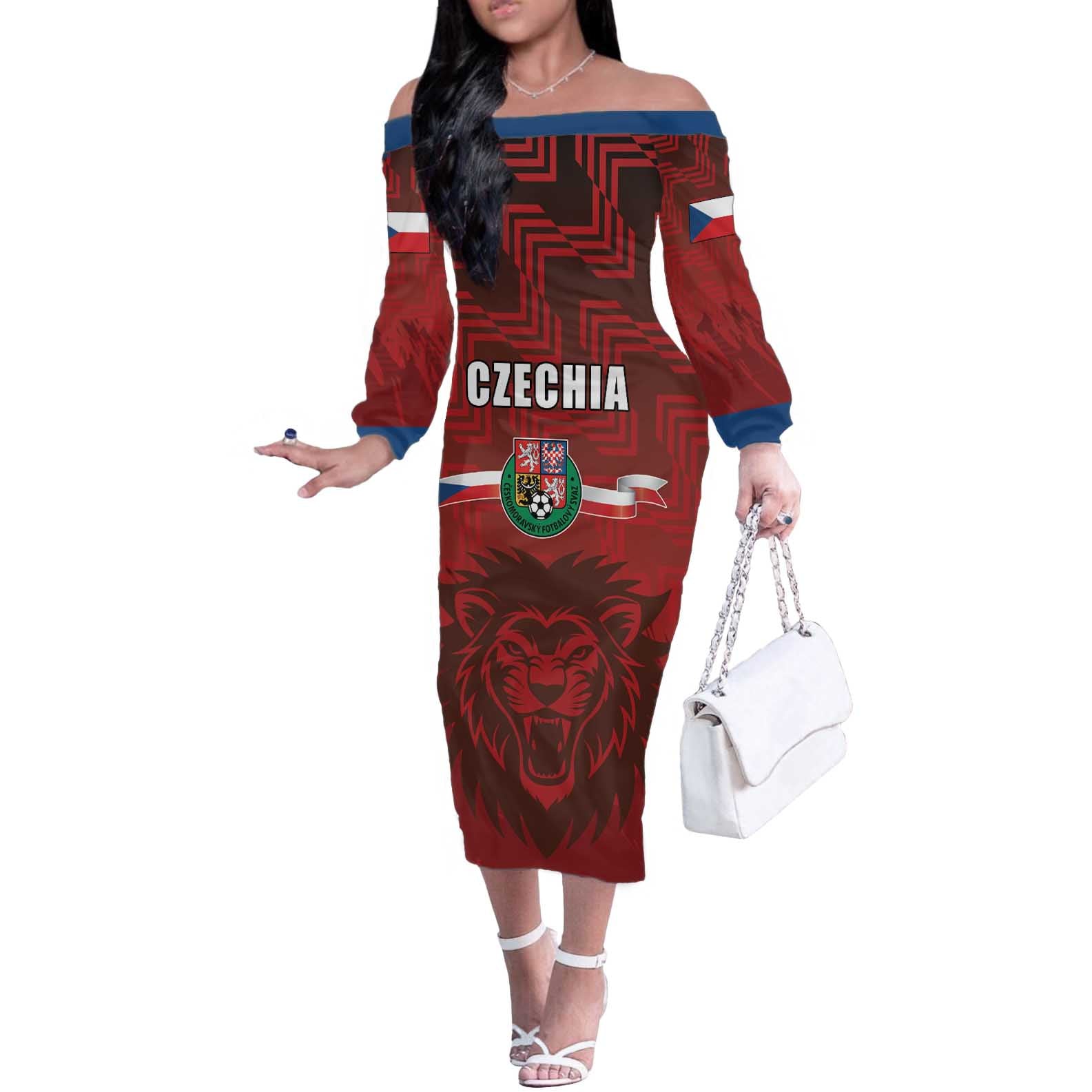 Czech Republic Football Custom Off The Shoulder Long Sleeve Dress Sporty Style