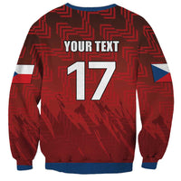 Red crewneck sweatshirt with YOUR TEXT and 17 number print, geometric pattern, long sleeves