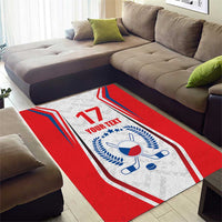 Red ice hockey flag area rug with blue stripes, number 17, emblem, and YOUR TEXT