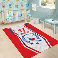 Red and white ice hockey flag rug with blue stripes, number 17, and YOUR TEXT