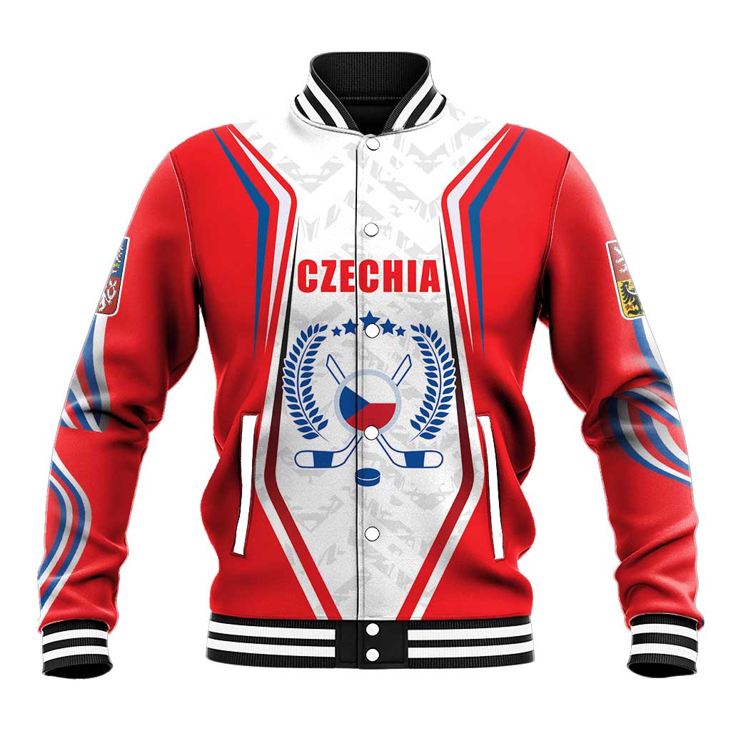 Red varsity baseball jacket with Czechia crest, white/blue stripes, snap front