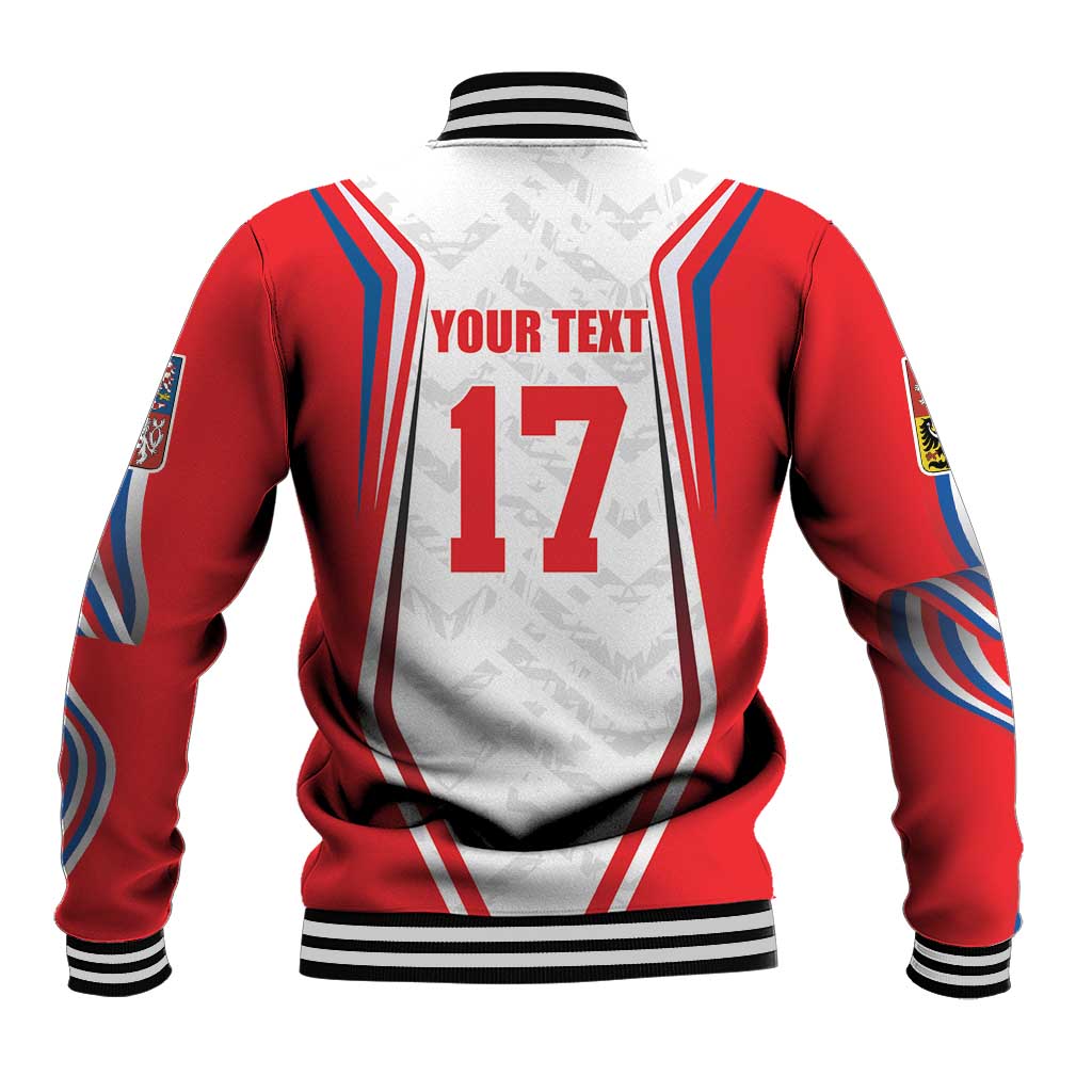 Red varsity baseball jacket back with '17' and stripes, ribbed hem and cuffs