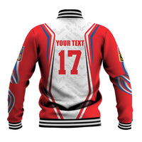 Red varsity baseball jacket back with '17' and stripes, ribbed hem and cuffs