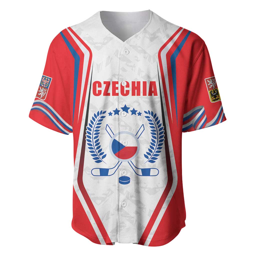 Red and white ice hockey baseball jersey with CZECHIA crest and blue accents
