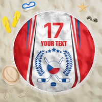 Round Czech ice hockey beach blanket, red/white with blue stripes and fringe edge