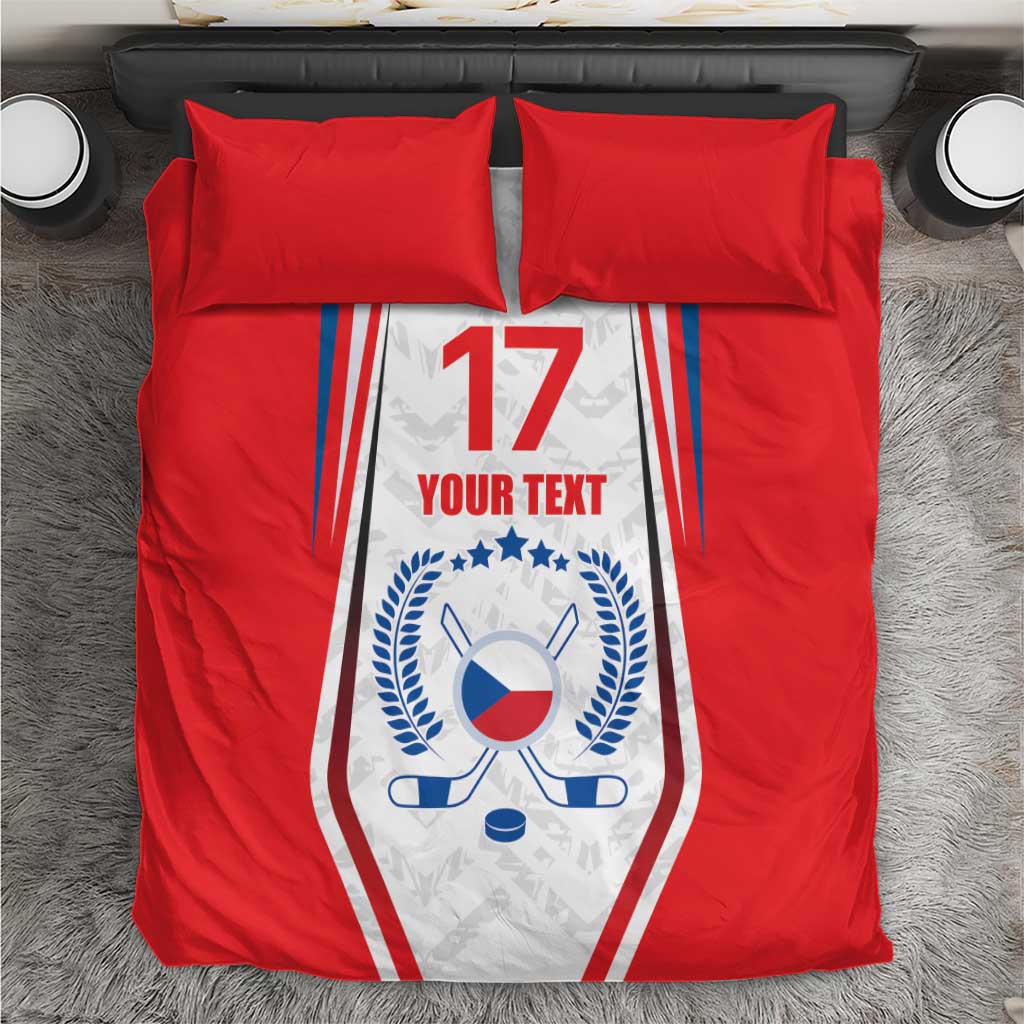 Red hockey-themed bedding set with Czech-style crest, blue laurel, and “17” on comforter