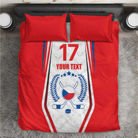 Red hockey-themed bedding set with Czech-style crest, blue laurel, and “17” on comforter
