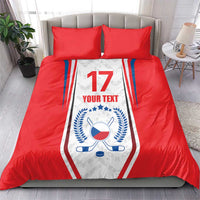 Red bedding set featuring Czech-style crest with laurel wreath, “17” and “YOUR TEXT,” on duvet