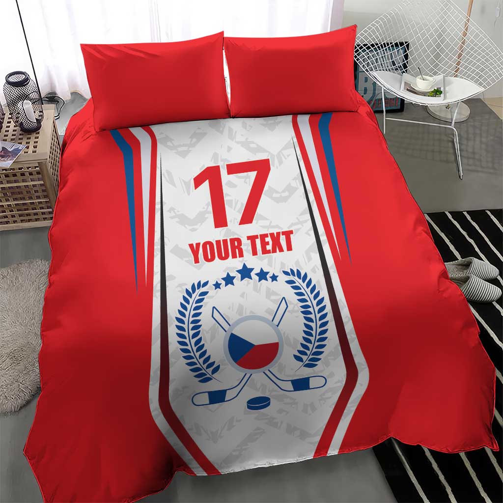Red duvet cover with Czech ice hockey-style badge, “17” and “YOUR TEXT,” plus two pillowcases