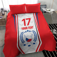 Red duvet cover with Czech ice hockey-style badge, “17” and “YOUR TEXT,” plus two pillowcases