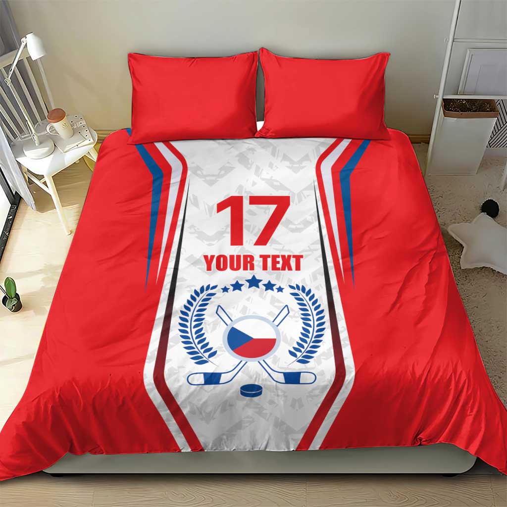 Red duvet cover with Czech hockey badge, “17” and “YOUR TEXT,” and two matching red pillowcases