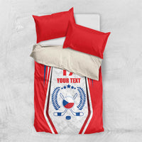 Red and white Czech-style hockey bedding set with crest, “17” and “YOUR TEXT,” with two pillows