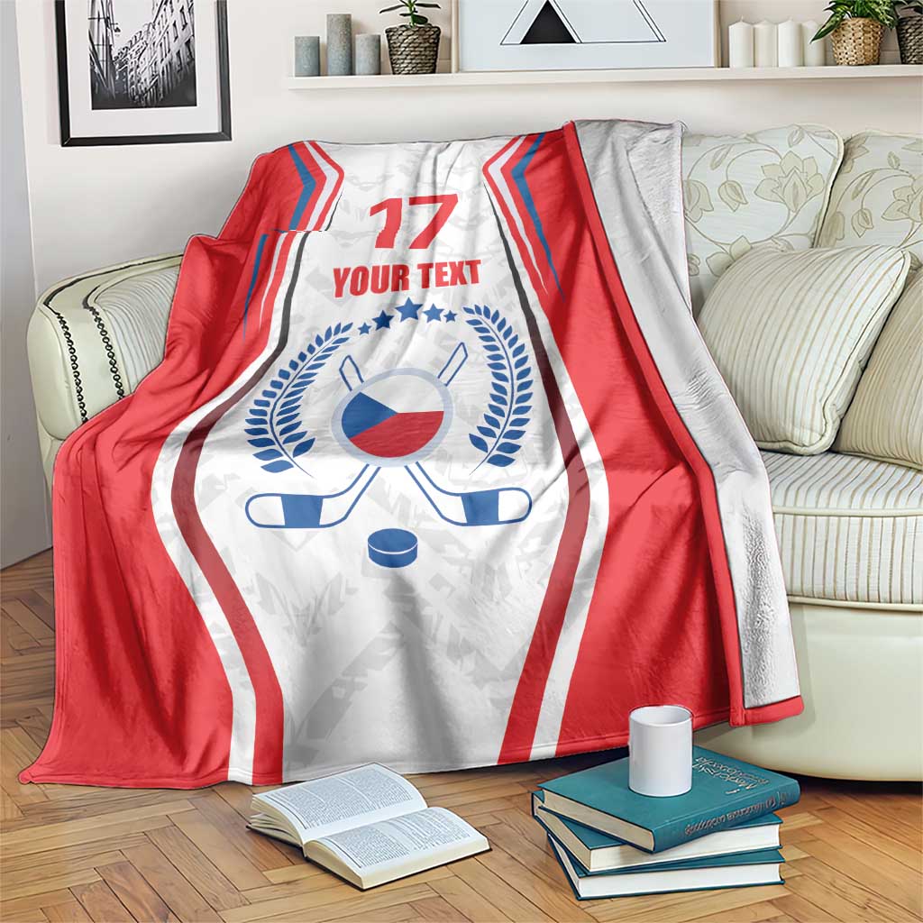 Red, white, and blue hockey blanket with flag emblem, number 17, and 'YOUR TEXT'.