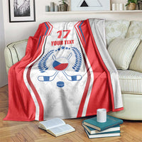Red, white, and blue hockey blanket with flag emblem, number 17, and 'YOUR TEXT'.