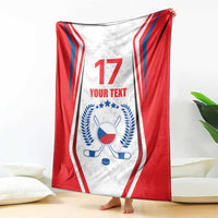 Red and white hockey blanket with blue flag emblem, number 17, and 'YOUR TEXT' centered.