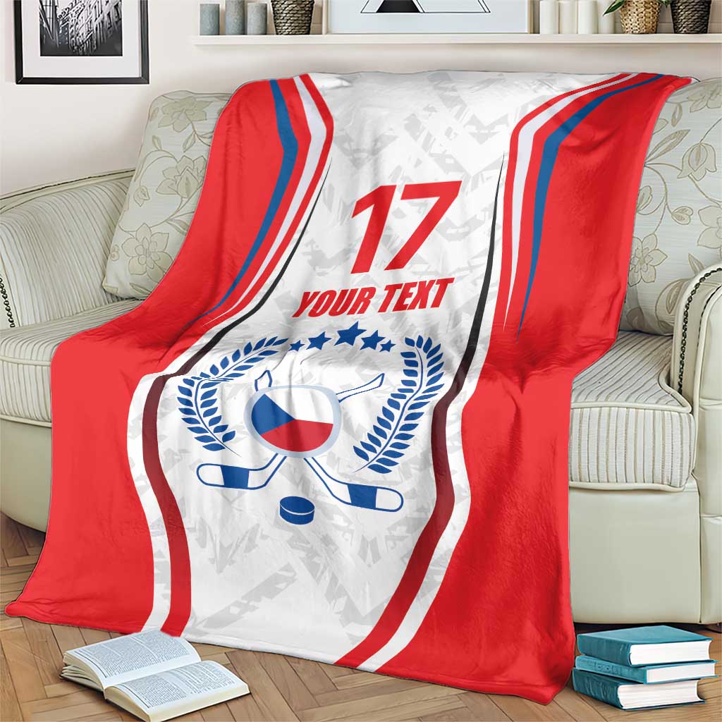 Red and white hockey blanket with blue stripes, number 17, 'YOUR TEXT', and flag emblem.