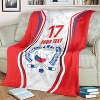 Red and white hockey blanket with blue stripes, number 17, 'YOUR TEXT', and flag emblem.