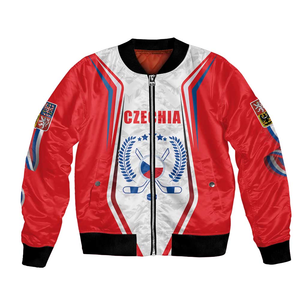 Red bomber jacket with Czech flag-style crest, front zipper, ribbed cuffs and hem