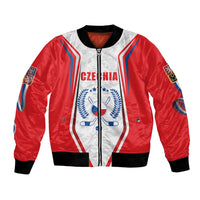 Red bomber jacket with Czech flag-style crest, front zipper, ribbed cuffs and hem