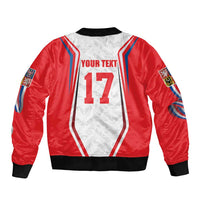 Red bomber jacket with back number 17, white chest panel, ribbed collar and cuffs
