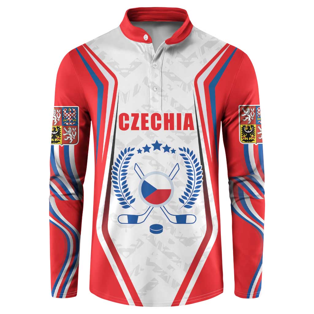 Red, white and blue ice hockey button sweatshirt jersey with Czechia text and crest graphic