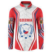 Red, white and blue ice hockey button sweatshirt jersey with Czechia text and crest graphic