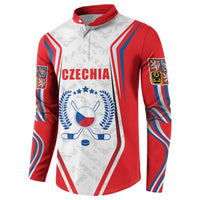 Red and white ice hockey button sweatshirt jersey with Czechia front panel and striped sleeves