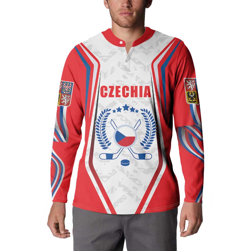 Red, white and blue ice hockey button sweatshirt jersey with Czech crest graphic on front