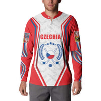 Red, white and blue ice hockey button sweatshirt jersey with Czech crest graphic on front