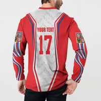 Red, white and blue ice hockey button sweatshirt jersey back with 'YOUR TEXT' and 17