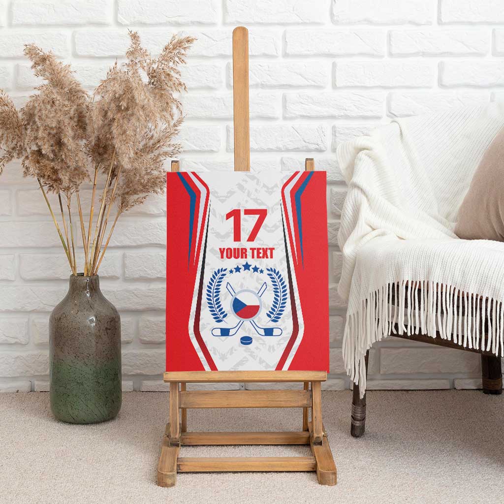 Custom ice hockey canvas wall art on easel, red and blue graphic with 17 and text