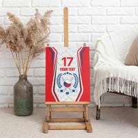 Custom ice hockey canvas wall art on easel, red and blue graphic with 17 and text