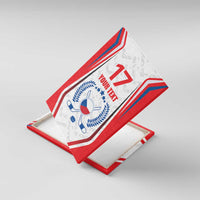 Custom ice hockey canvas wall art angled on stand, red border with 17 and custom text