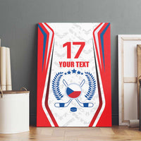 Custom ice hockey canvas wall art on wood floor, red-white-blue Czech badge with 17