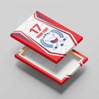 Custom ice hockey canvas wall art on red base, angled view of 17 and custom text