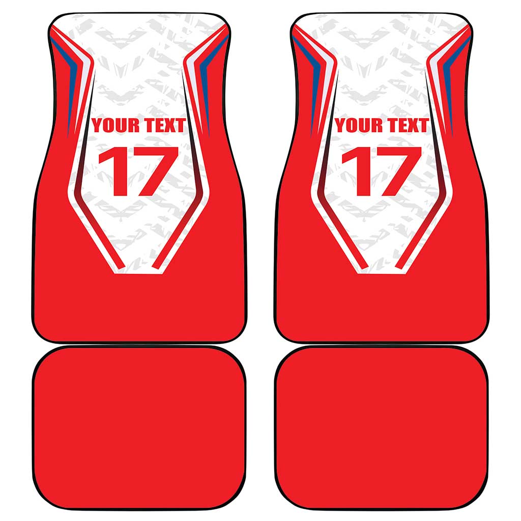 Four red car mats with Czech flag-style crest, number 17, and custom text