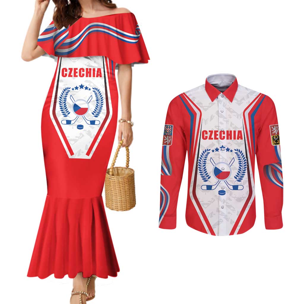 Czech Republic Ice Hockey Custom Couples Matching Mermaid Dress and Long Sleeve Button Shirt Flag Style