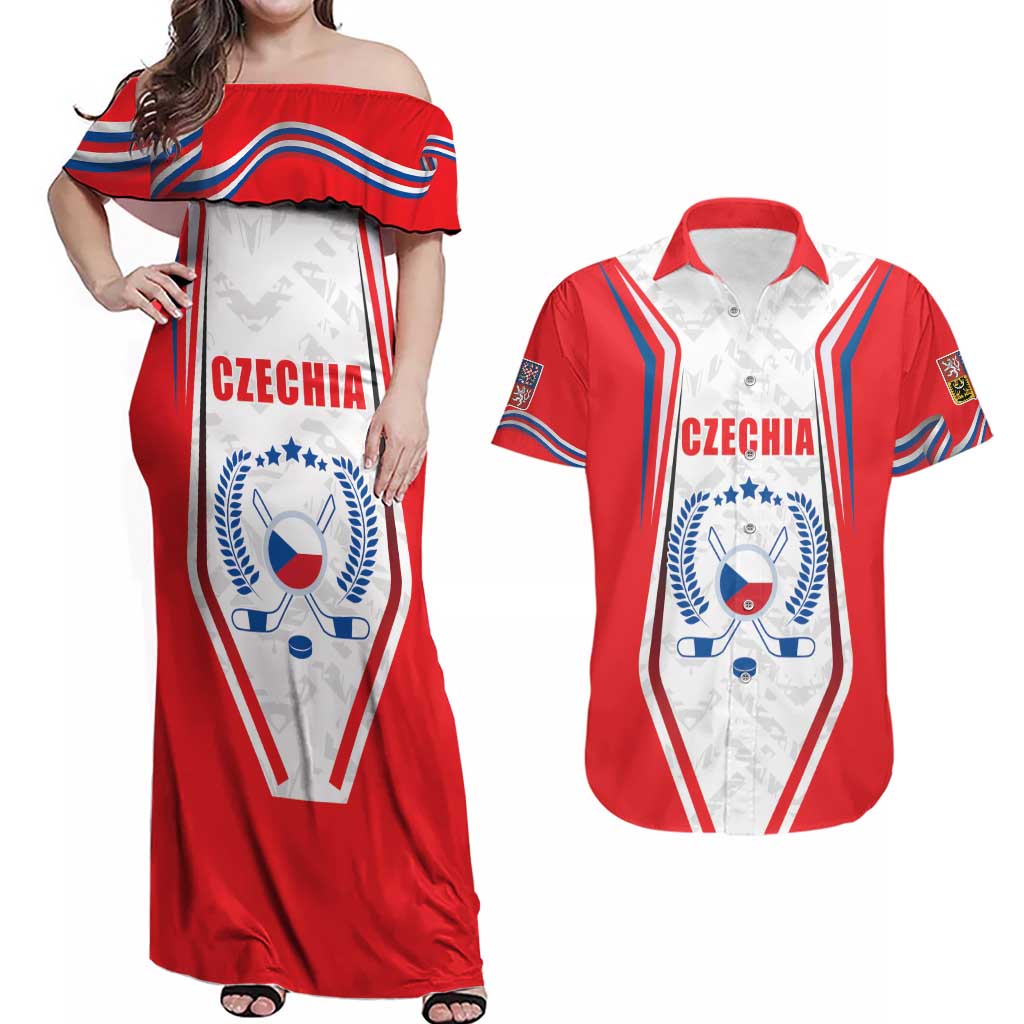 Czech Republic Ice Hockey Custom Couples Matching Off Shoulder Maxi Dress and Hawaiian Shirt Flag Style