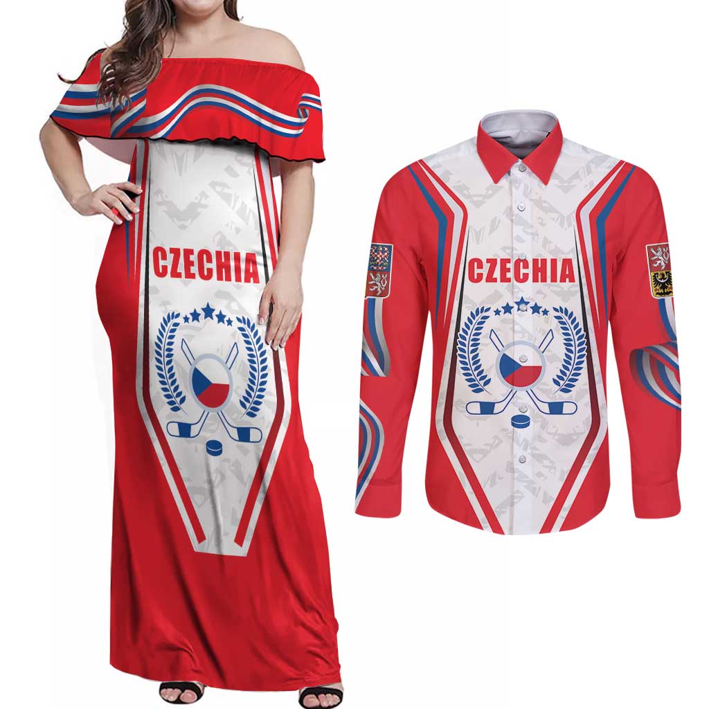 Czech Republic Ice Hockey Custom Couples Matching Off Shoulder Maxi Dress and Long Sleeve Button Shirt Flag Style